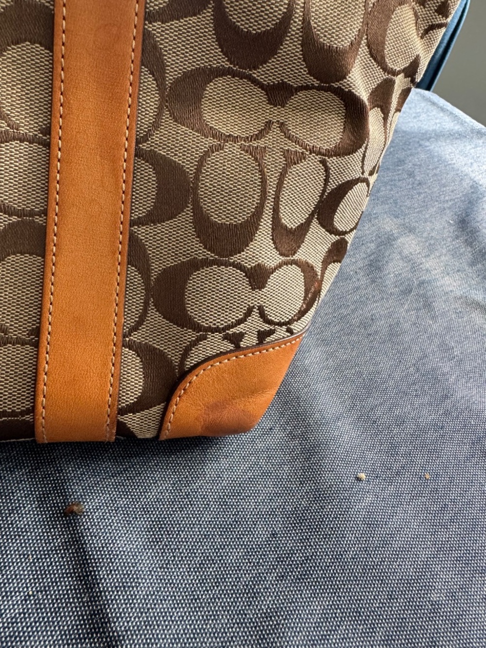 Vintage Coach Brown Signature Monogram Leather Trim Tote Bag Shoulder Bag - Picture 5 of 5